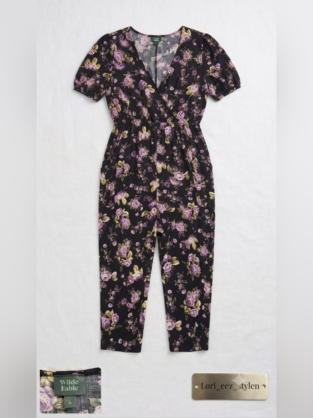 wild fable Black Floral Jumpsuit with Purple and Yellow Roses